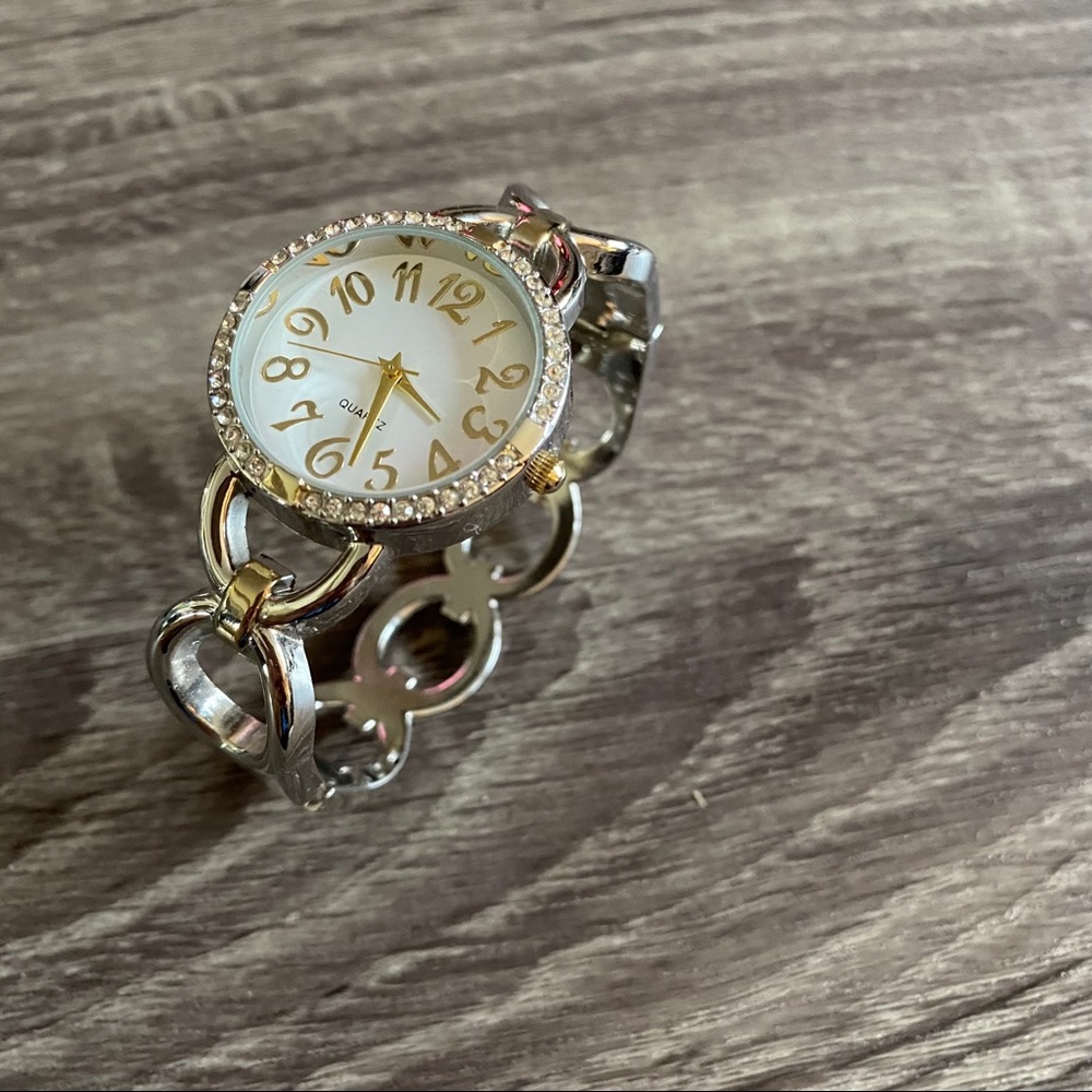 Silver and Gold Crystal Dial Bangle Bracelet Watch